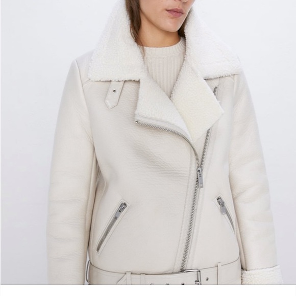 NWOT Zara winter white fur lined biker jacket. - Picture 2 of 11